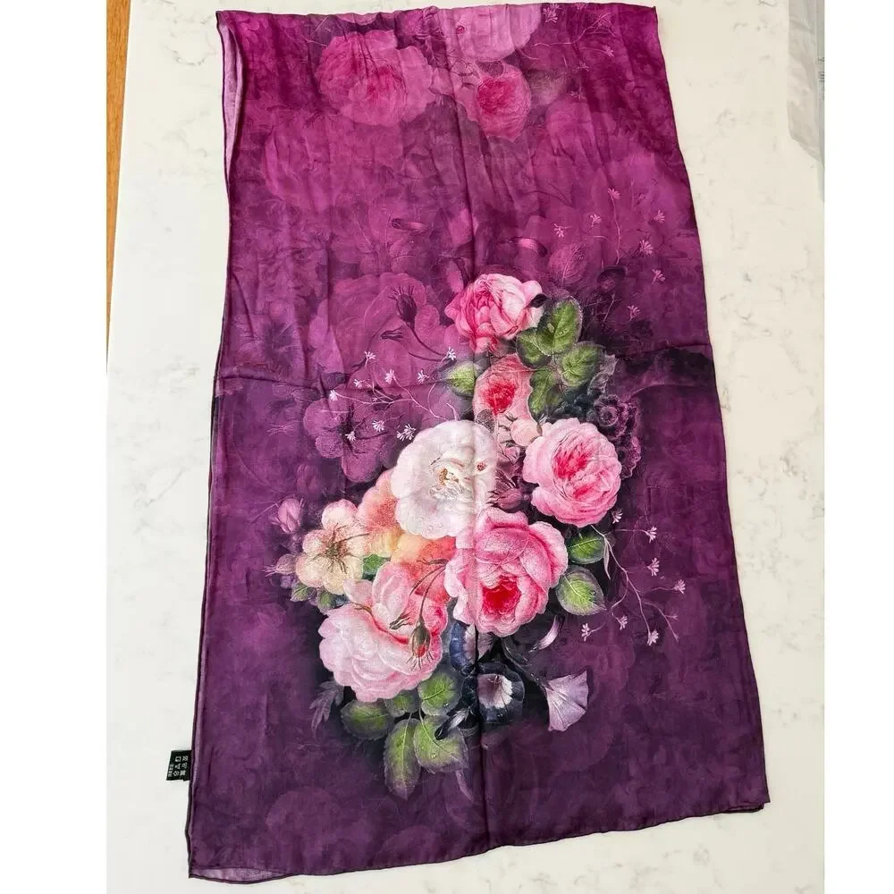 100% Silk Purple Floral Scarf Hand Rolled Roses 20 x 68 Lightweight Luxury Wrap